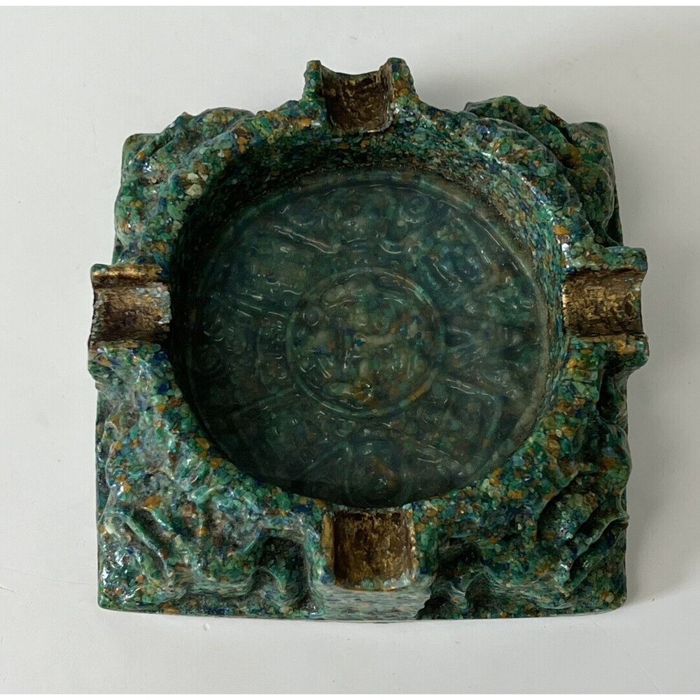 Aztec Mayan Malachite Composite Ashtray Piedra del Sol 3.5” Green